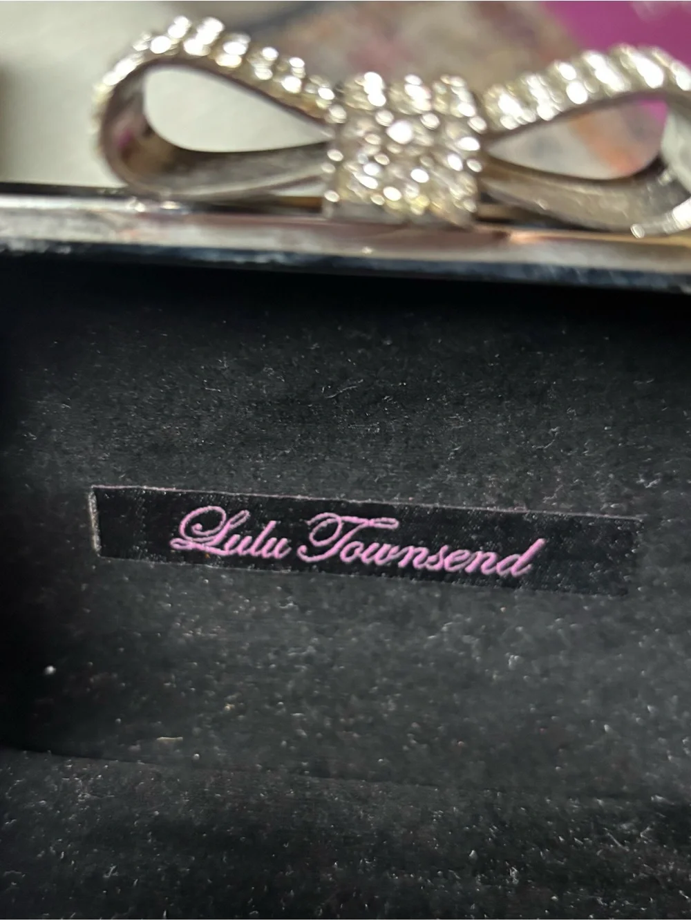 LuLu Townsend Sparkling Black Rhinestone Bow Clutch for Women Silver Chain
